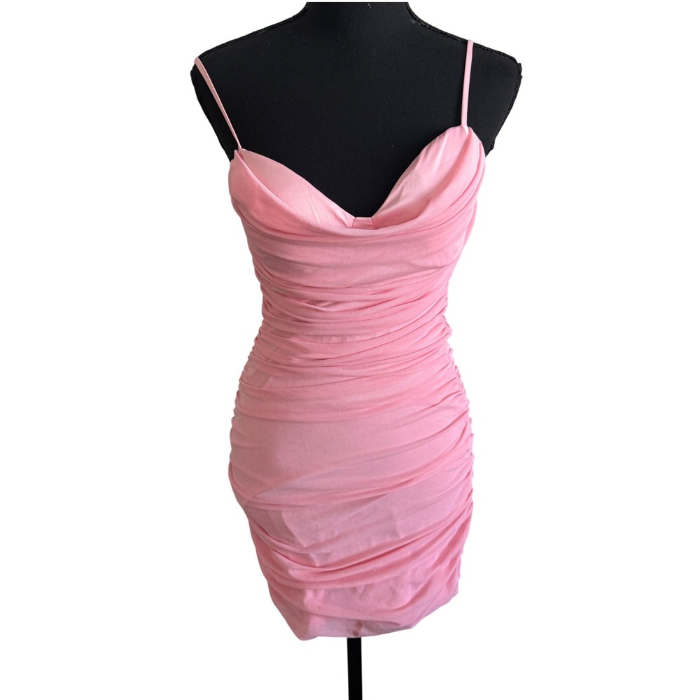 Womens Mesh Bodycon Cowl Neck Mini Dress M Hoco Formal Gala Pink Fairy